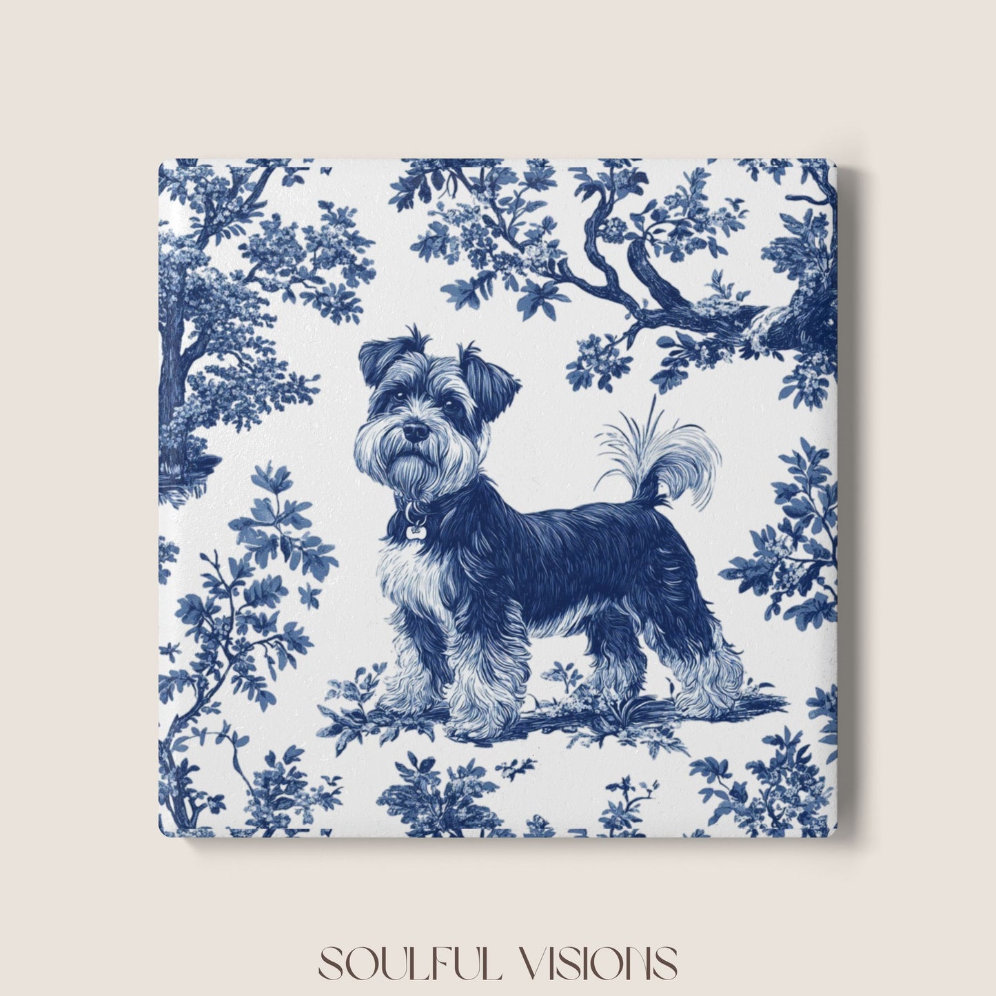 Miniature Schnauzer French Blue Toile Ceramic Coaster