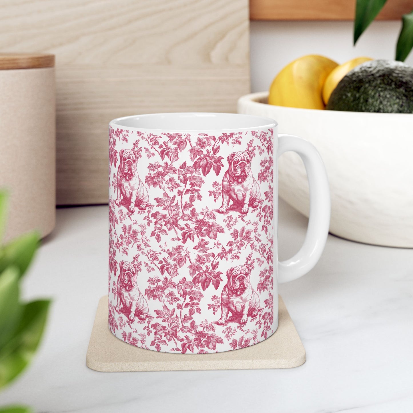 English Bulldog French Pink Toile De Jouy Mug