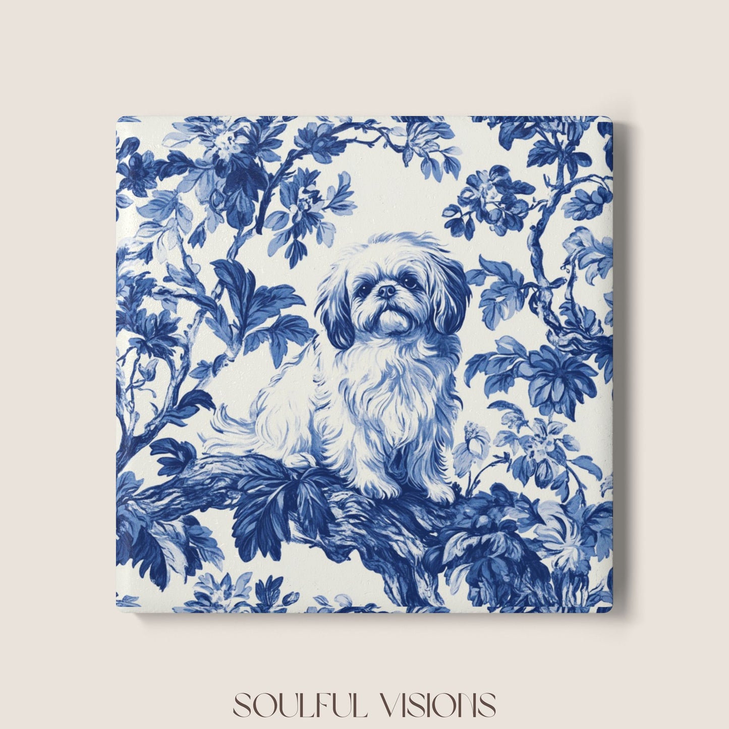 Pekingese French Blue Toile Ceramic Coaster