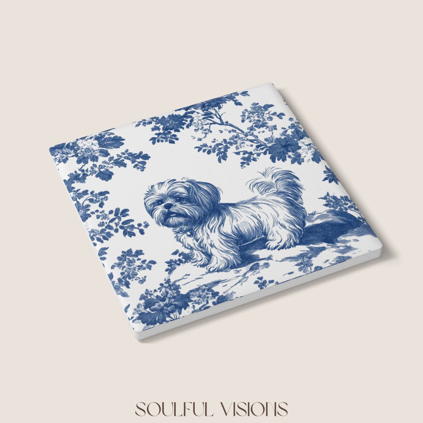 Shih Tzu Ceramic Coaster French Blue Toile