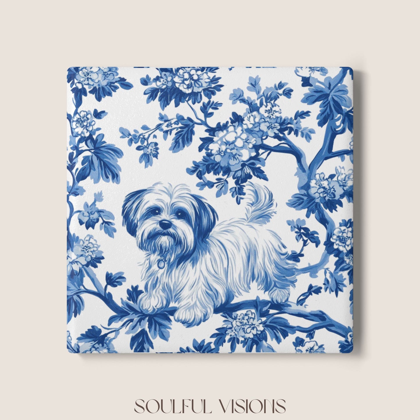 Maltese Ceramic Coaster French Blue Toile