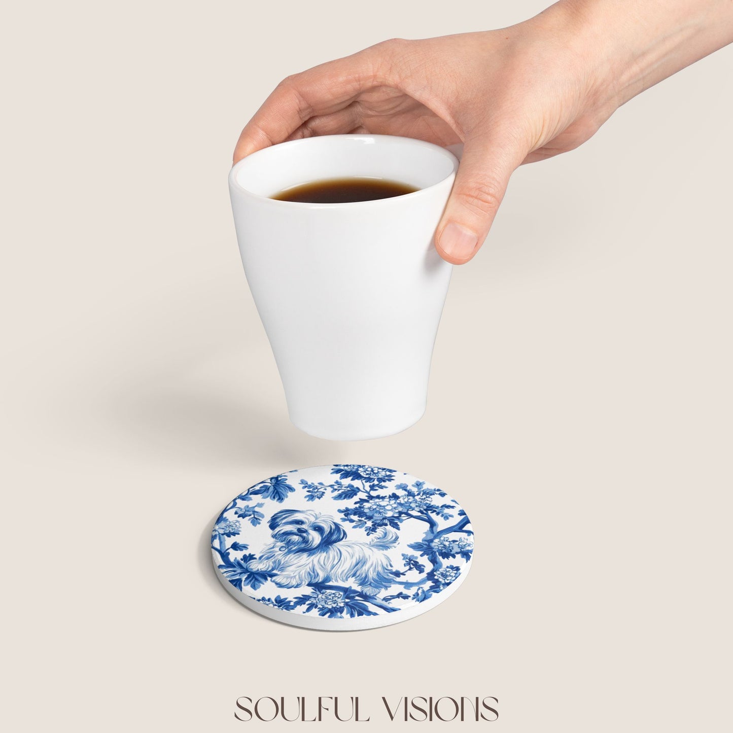 Maltese Ceramic Coaster French Blue Toile