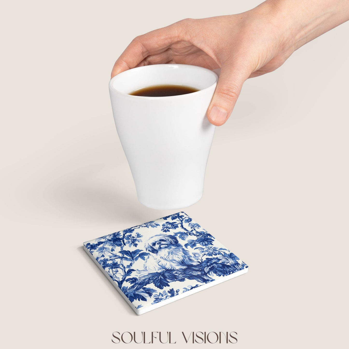 Pekingese French Blue Toile Ceramic Coaster