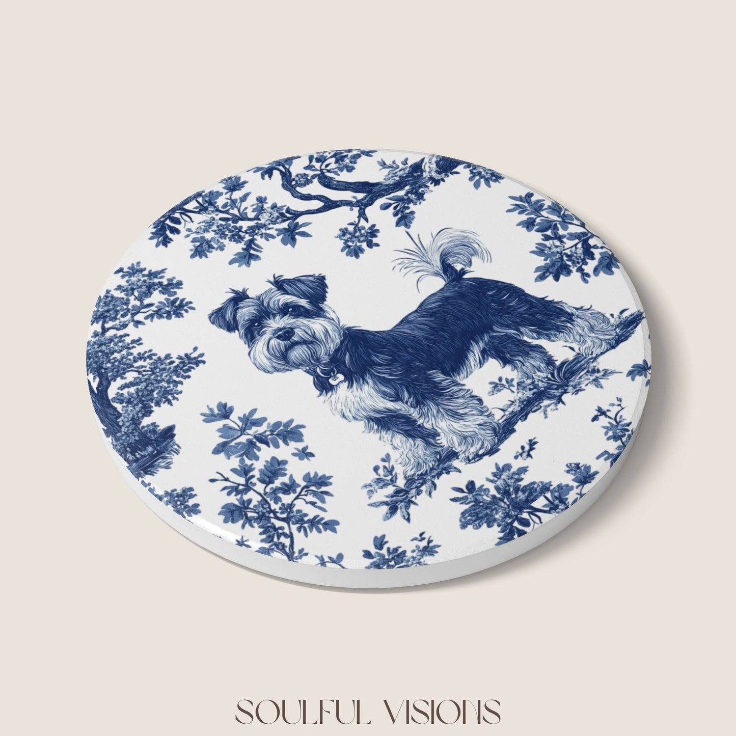 Miniature Schnauzer French Blue Toile Ceramic Coaster
