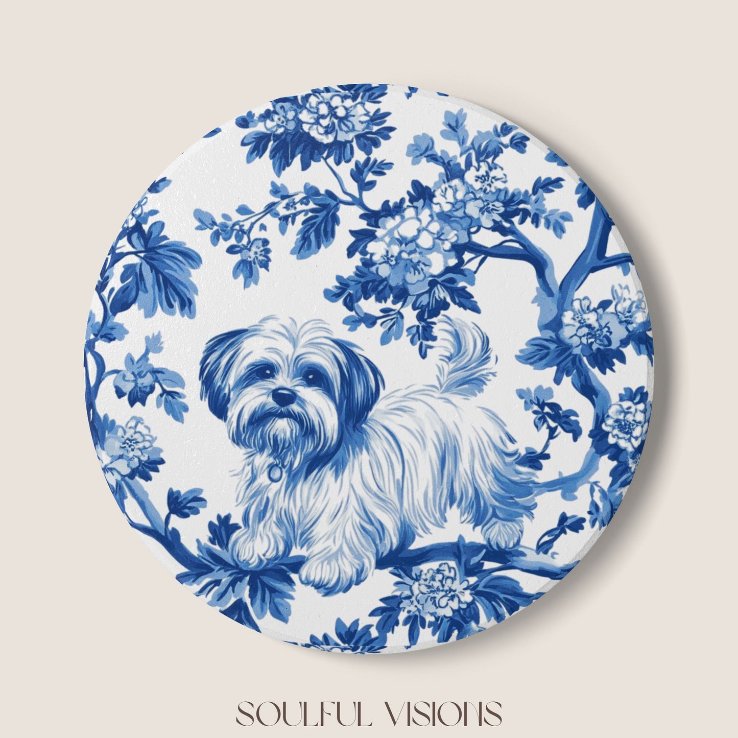 Maltese Ceramic Coaster French Blue Toile