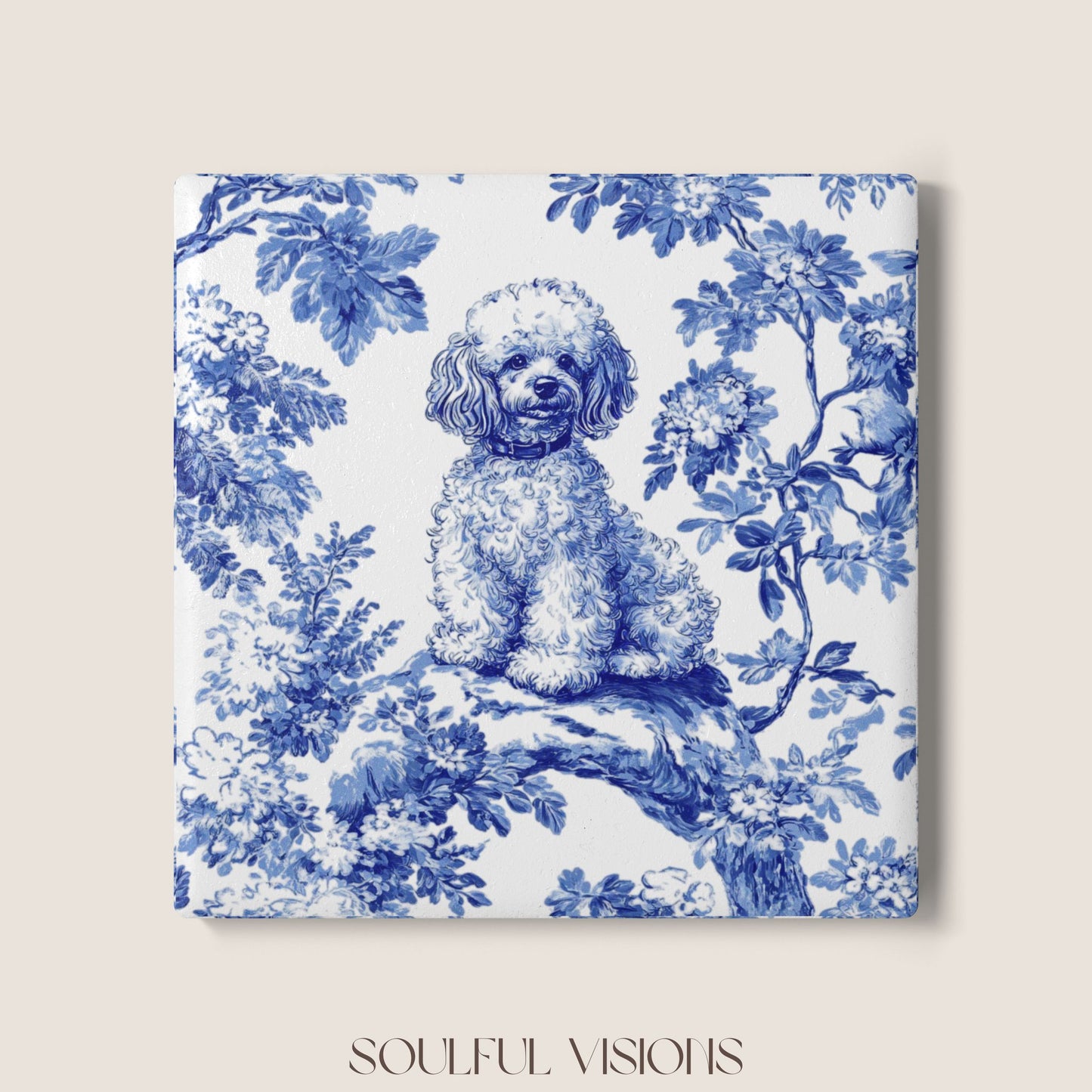 Mini Poodle French Blue Toile Ceramic Coaster