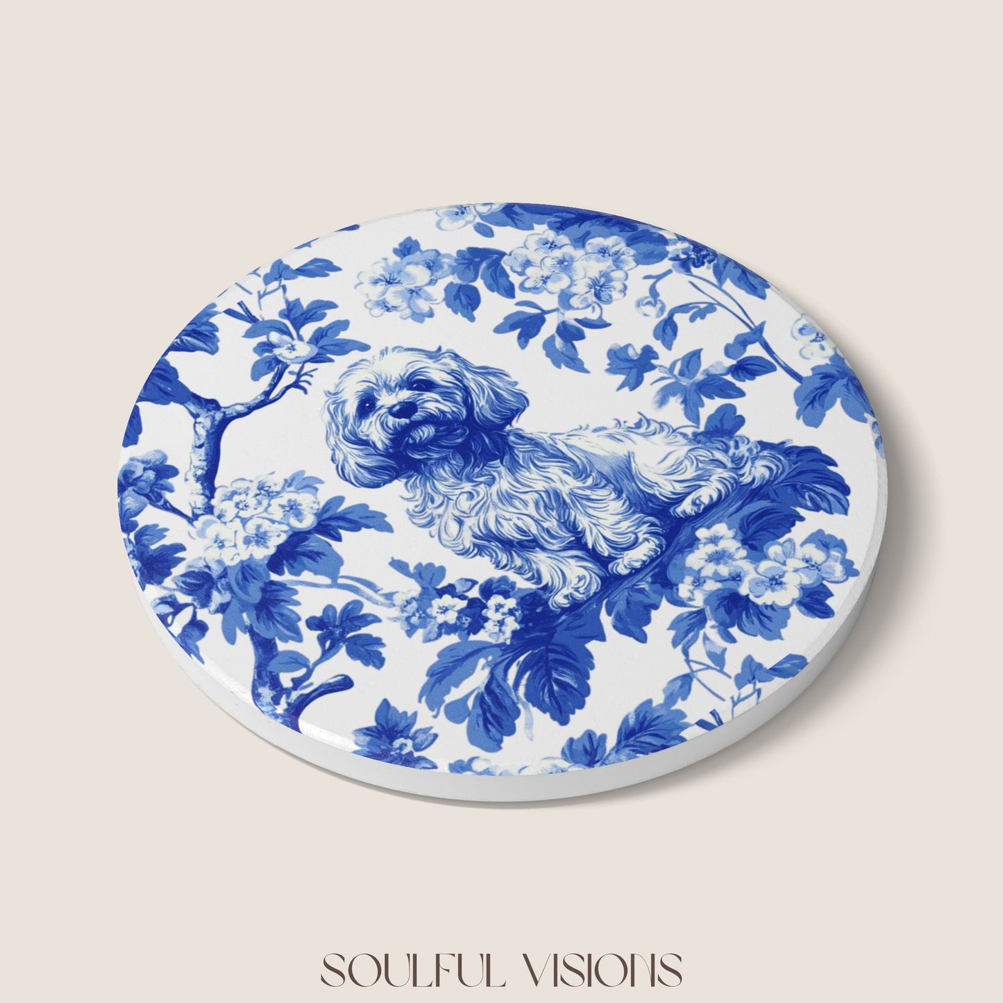Cavapoo Ceramic Coaster French Blue Toile