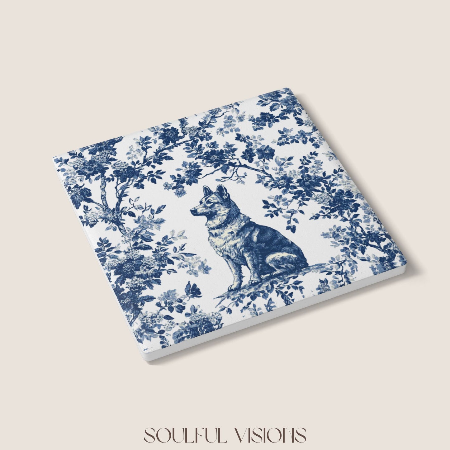 German Shepherd Ceramic Coaster French Blue Toile