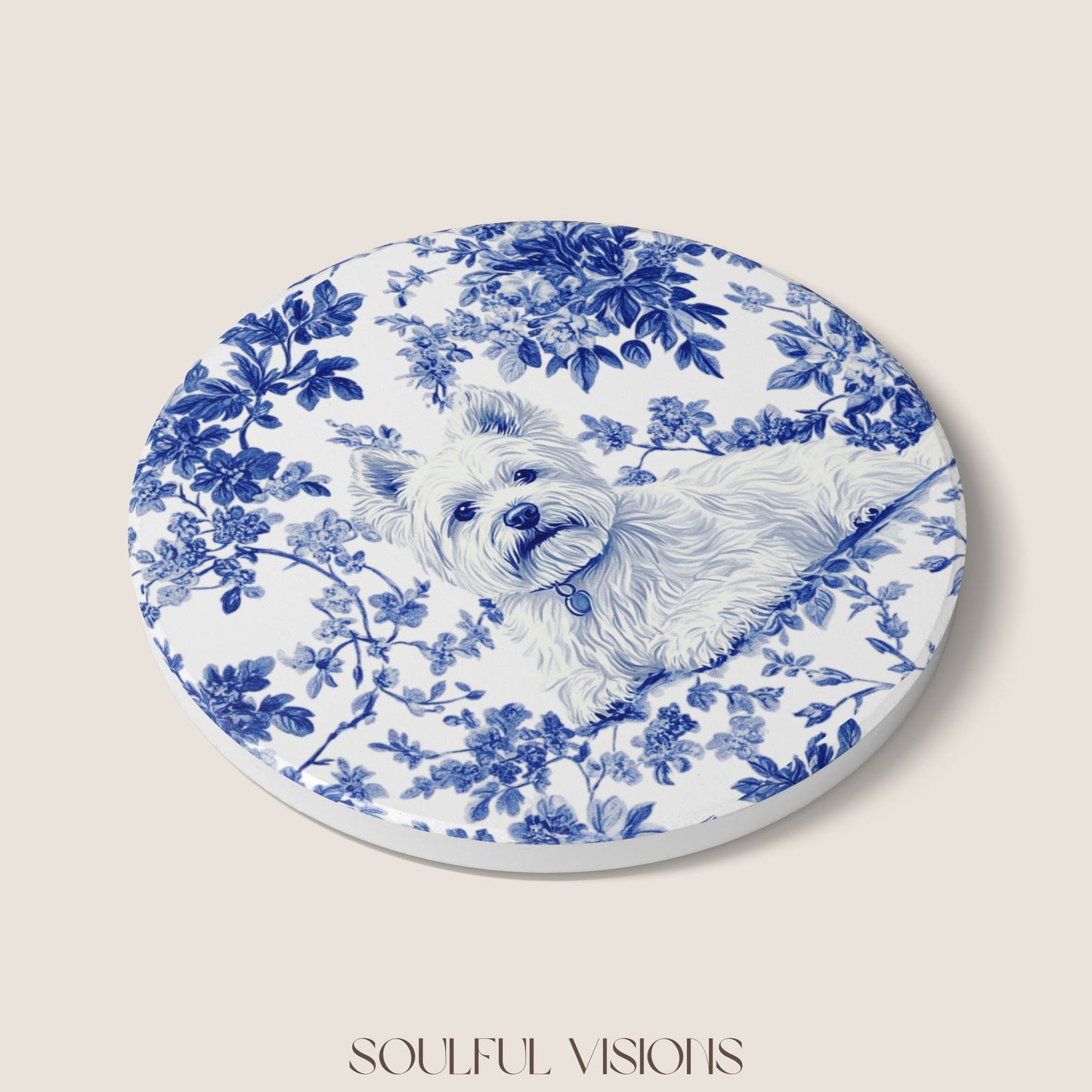 Westie French Blue Toile Ceramic Coaster