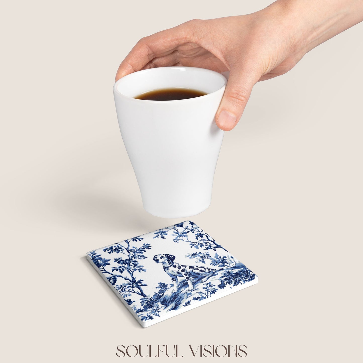 Dalmatian French Blue Toile Ceramic Coaster