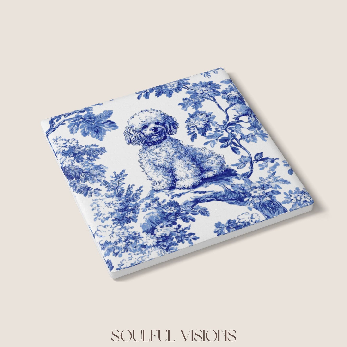 Mini Poodle French Blue Toile Ceramic Coaster