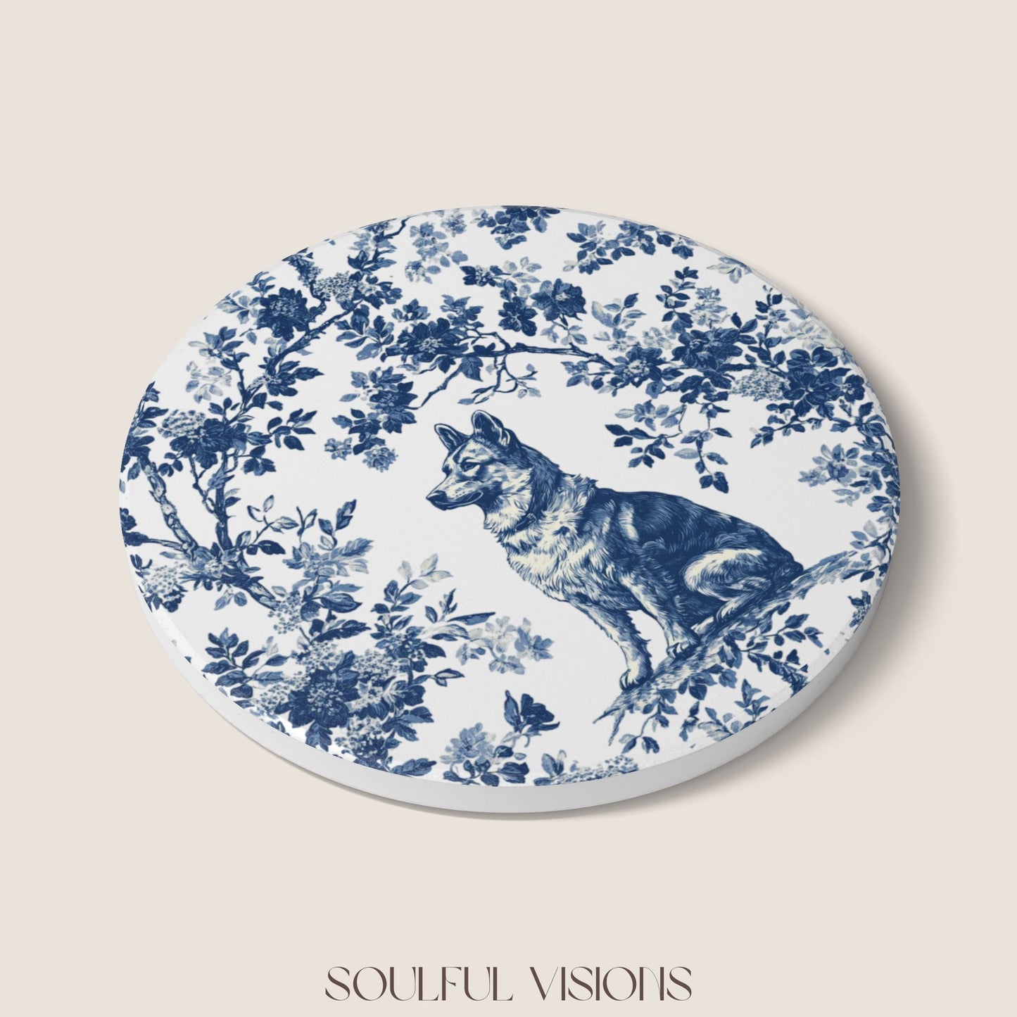 German Shepherd Ceramic Coaster French Blue Toile