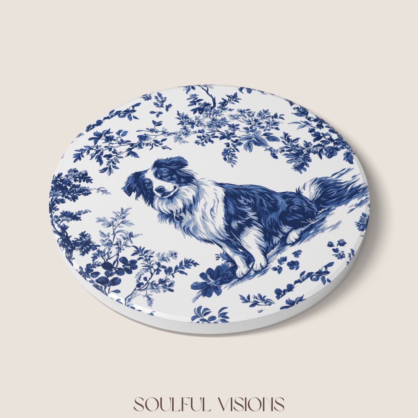 Australian Shepherd Ceramic Coaster French Blue Toile