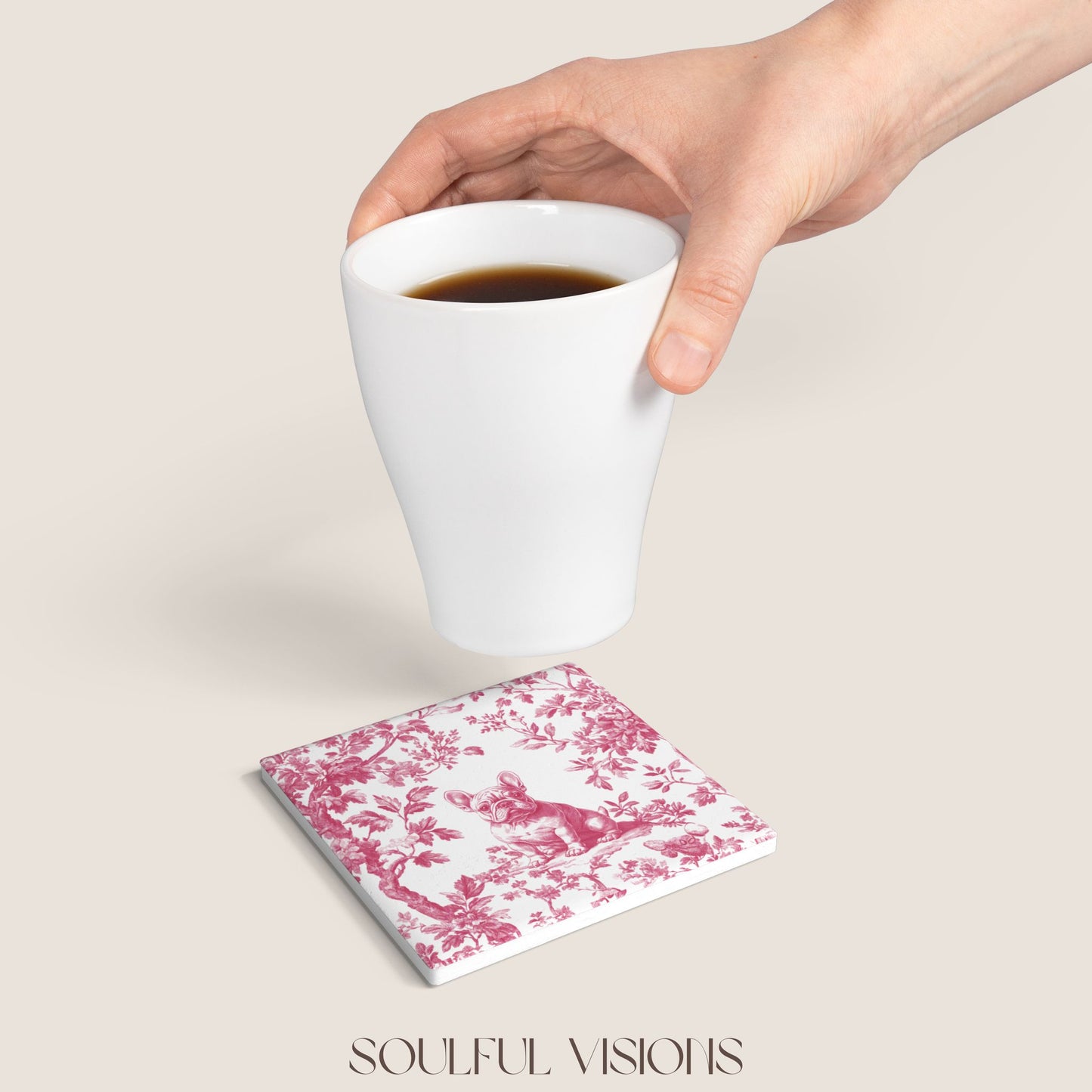 French bulldog Ceramic Coaster French Pink Toile