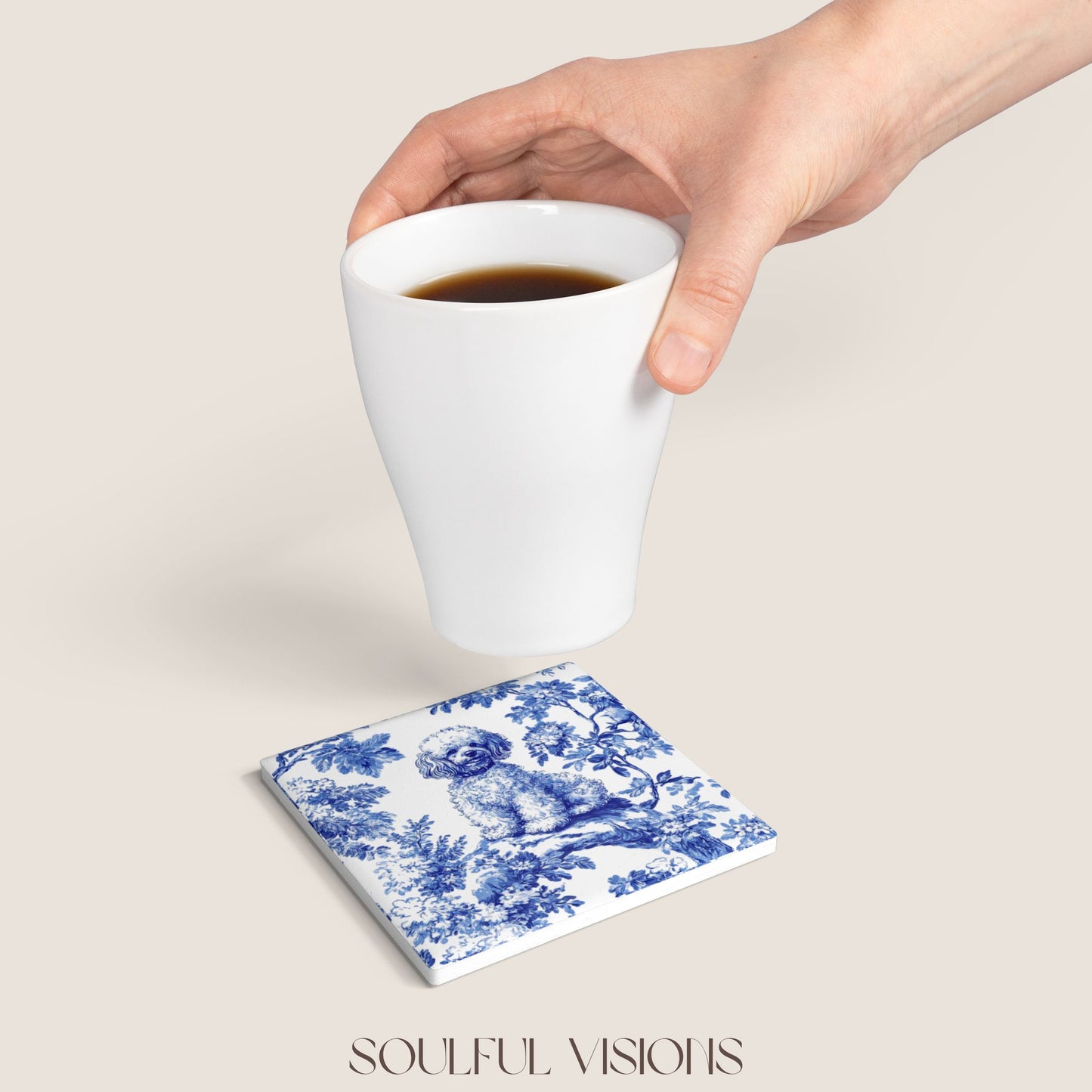 Mini Poodle French Blue Toile Ceramic Coaster