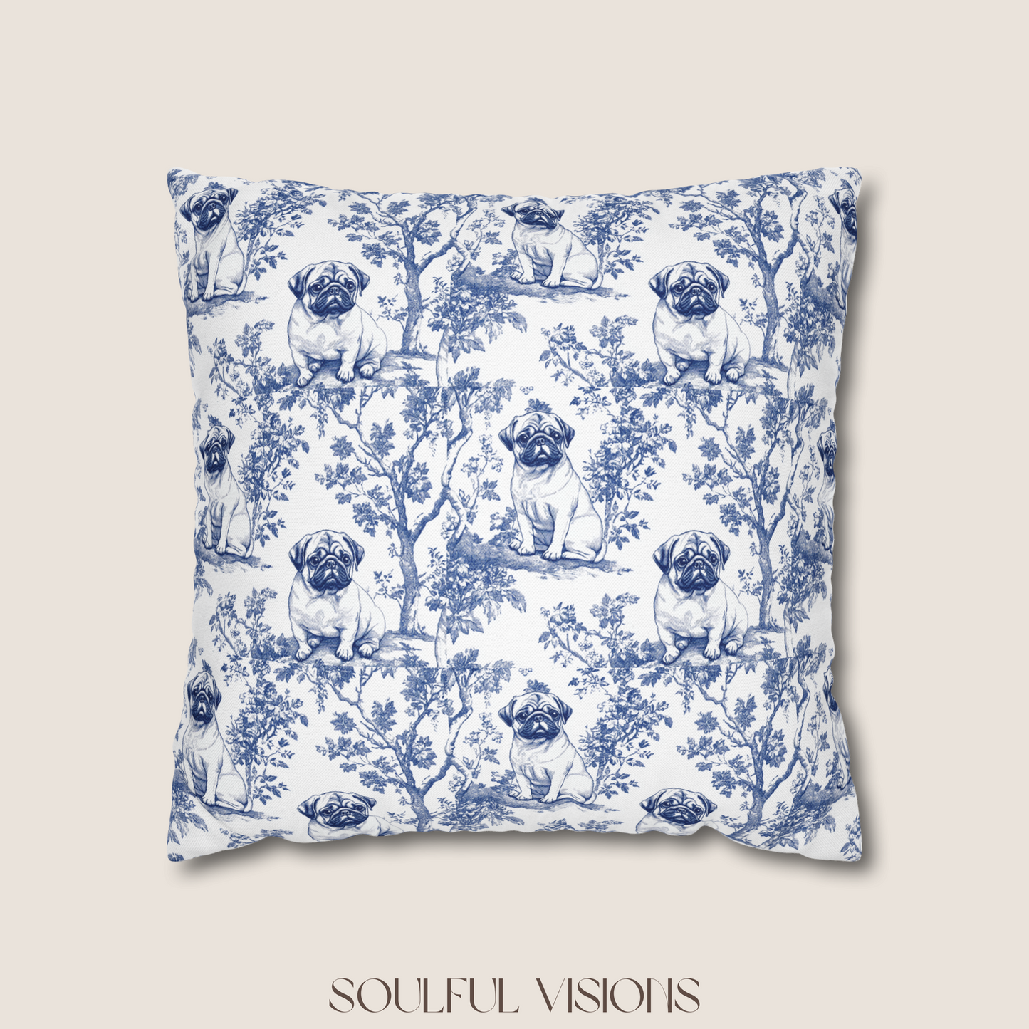 Pug Blue French Toile Pillow