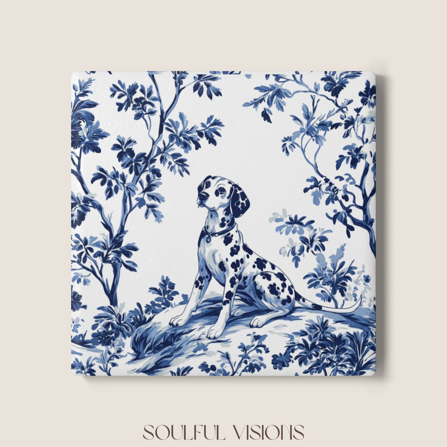 Dalmatian French Blue Toile Ceramic Coaster
