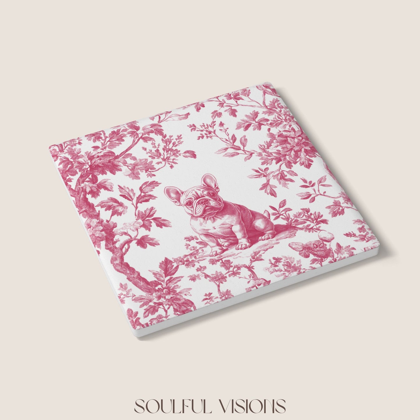French bulldog Ceramic Coaster French Pink Toile