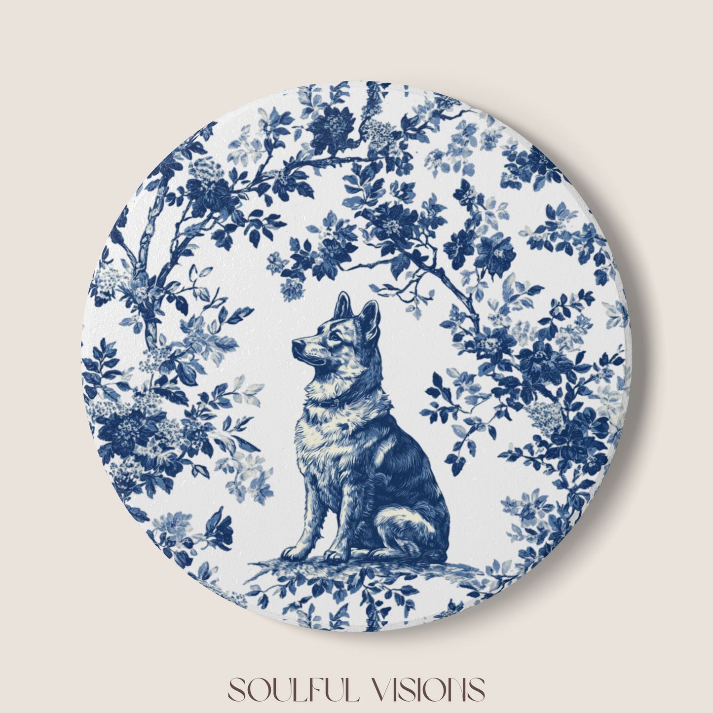 German Shepherd Ceramic Coaster French Blue Toile