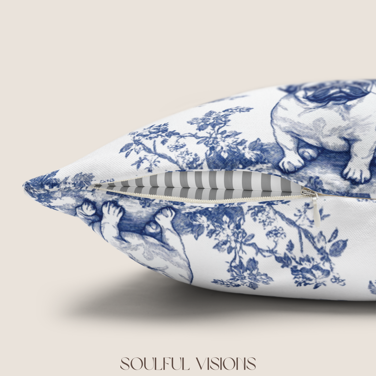 Pug Blue French Toile Pillow