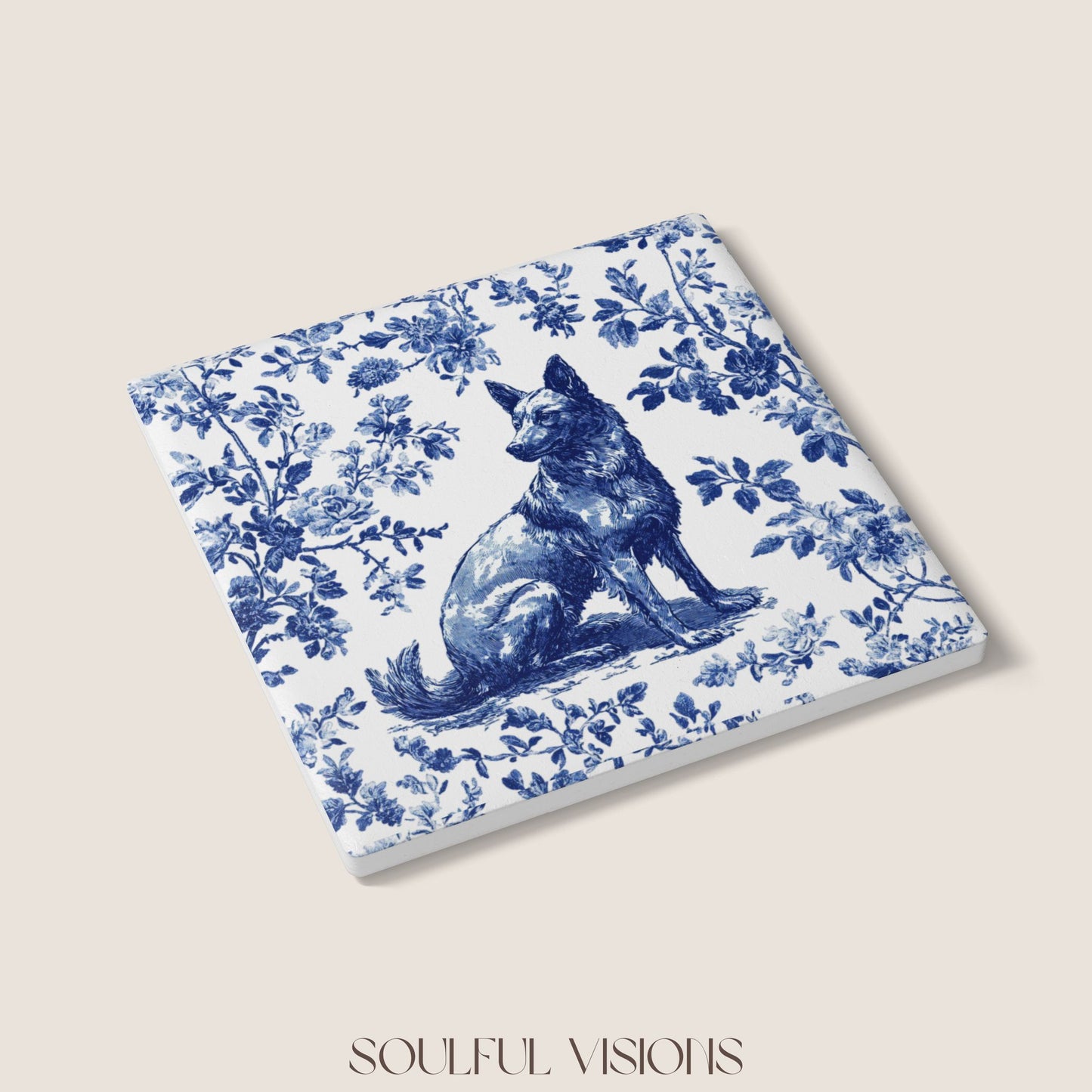 Belgian Malinois Ceramic Coaster French Blue Toile