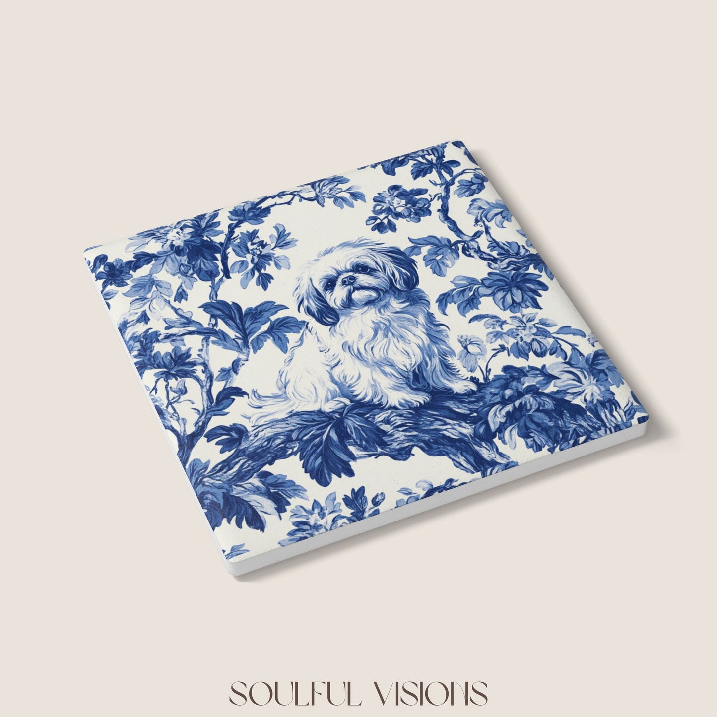 Pekingese French Blue Toile Ceramic Coaster