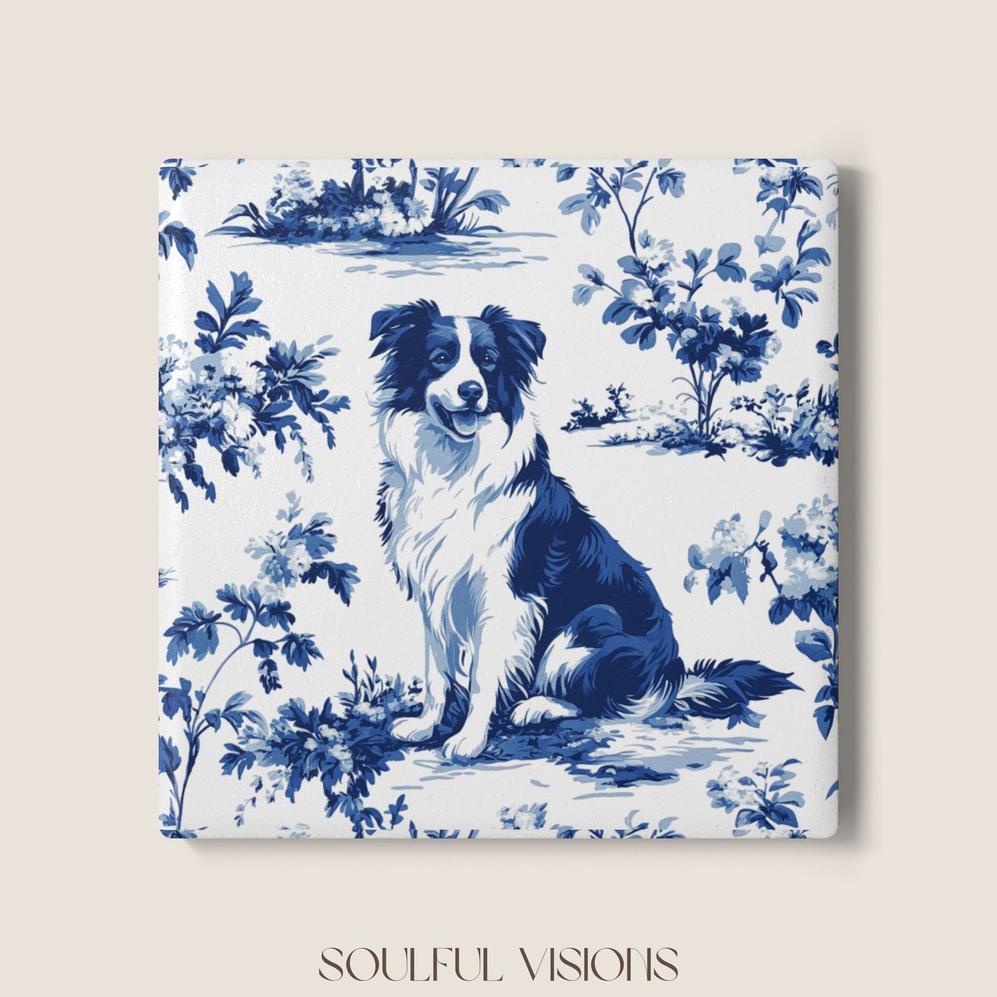 Border Collie Ceramic Coaster French Blue Toile
