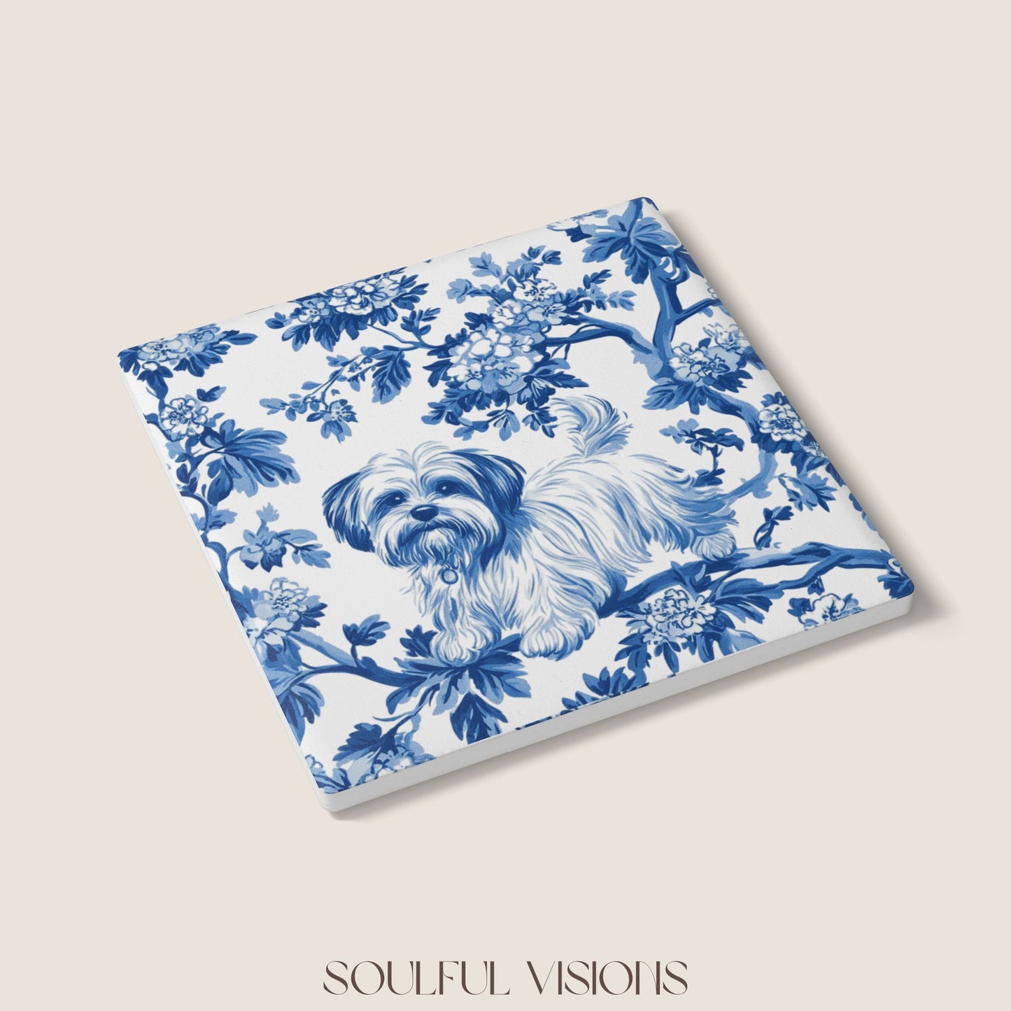 Maltese Ceramic Coaster French Blue Toile
