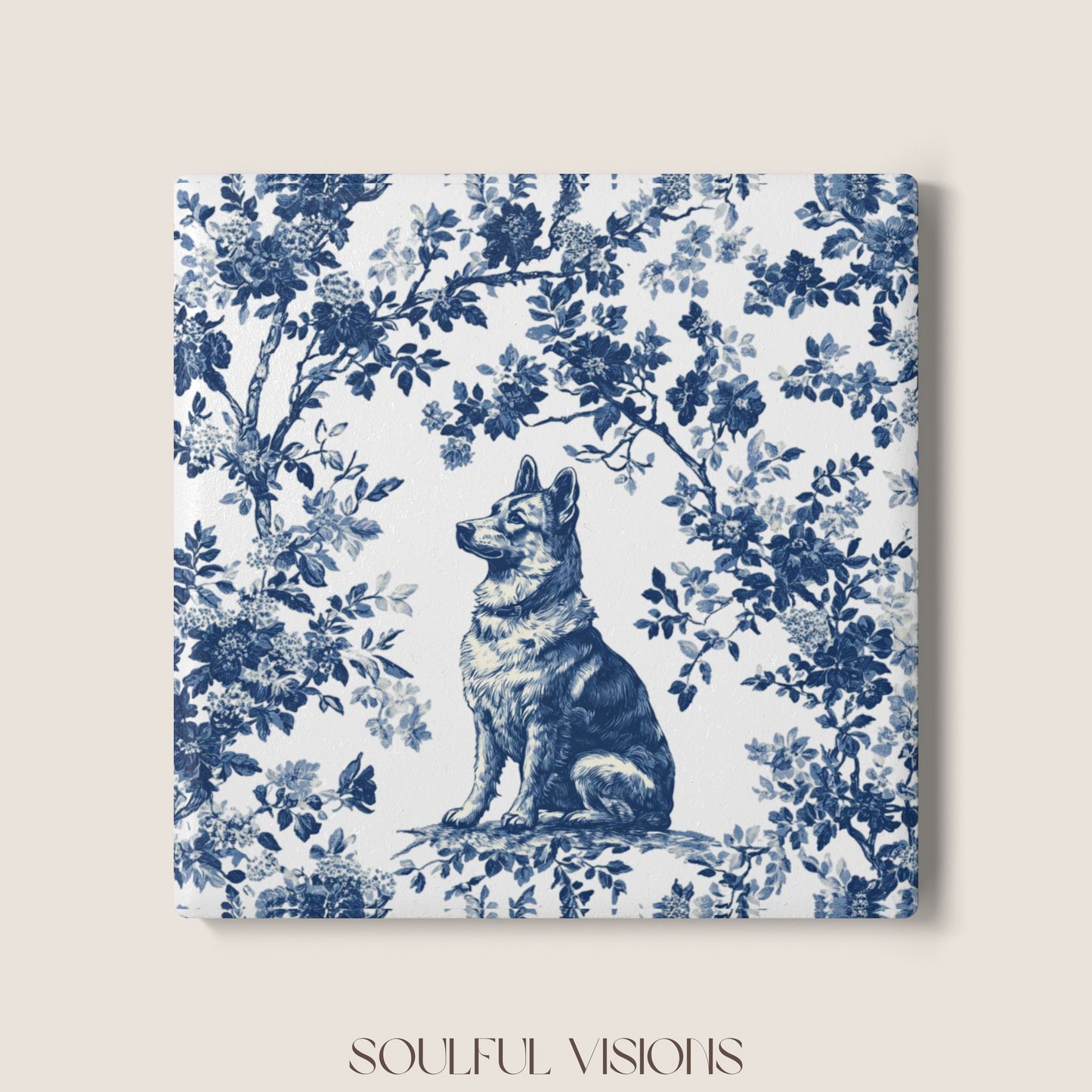 German Shepherd Ceramic Coaster French Blue Toile