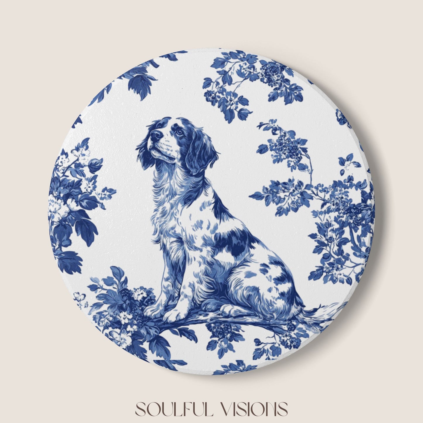 Brittany Spaniel Ceramic Coaster French Blue Toile