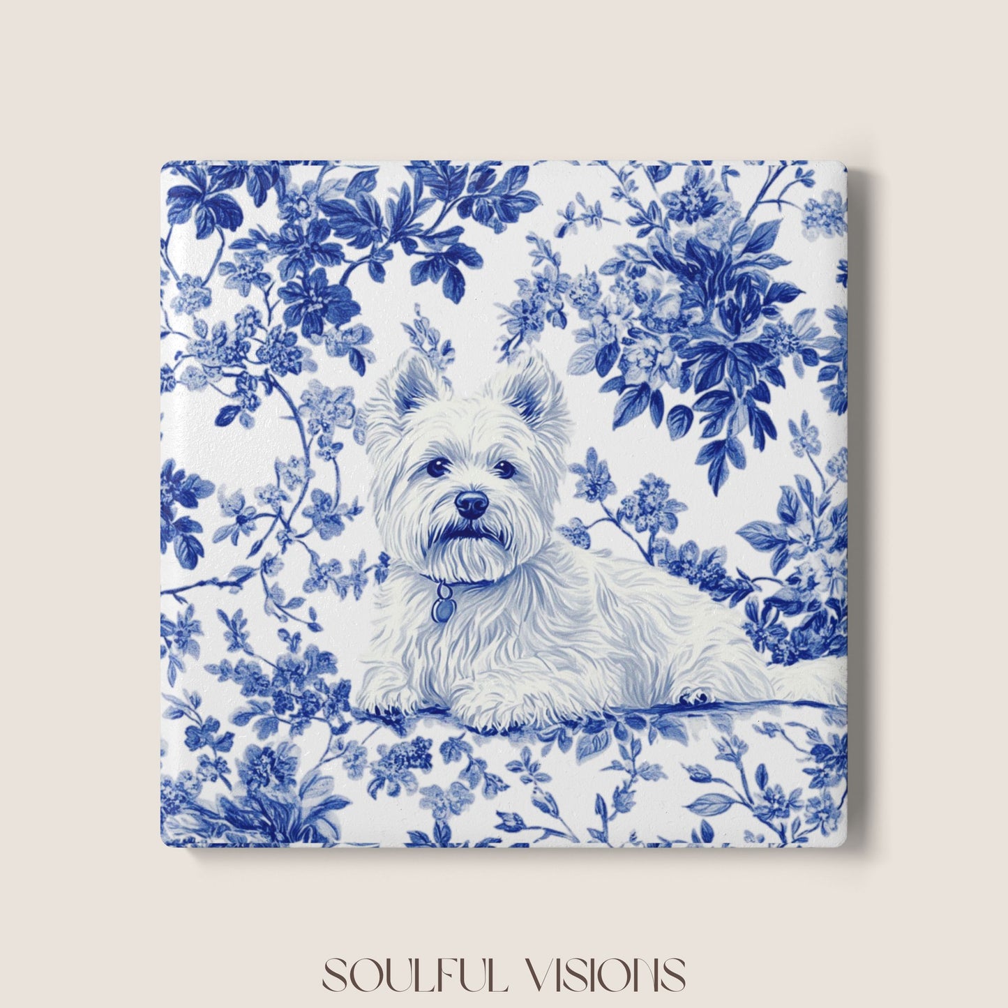 Westie French Blue Toile Ceramic Coaster
