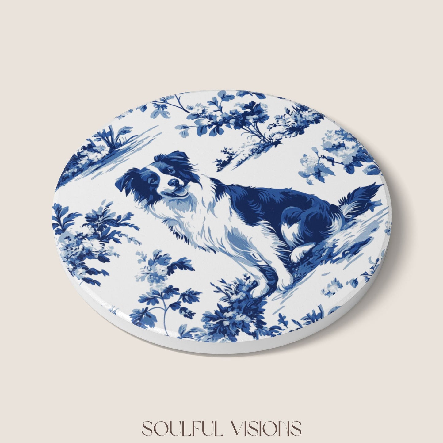 Border Collie Ceramic Coaster French Blue Toile