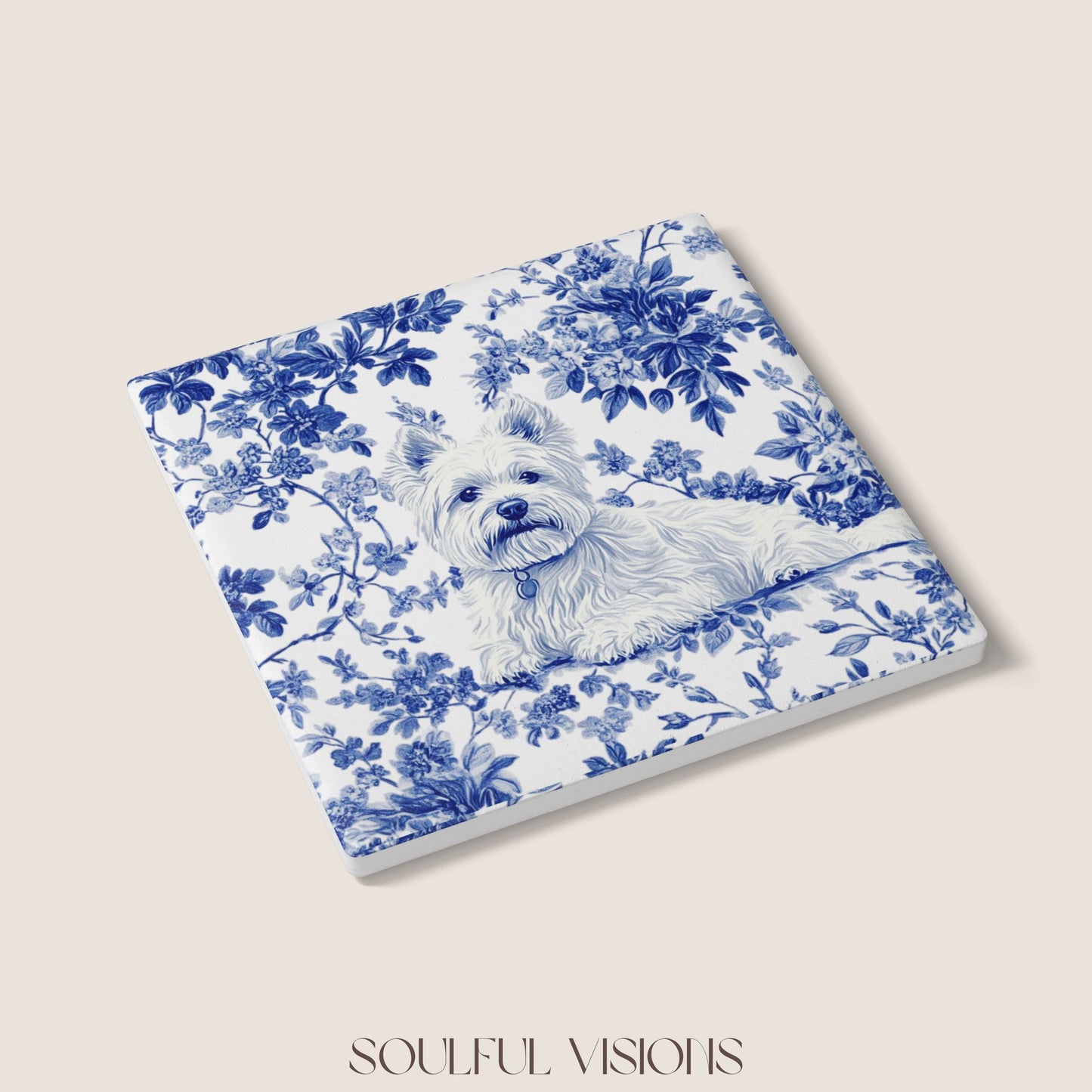 Westie French Blue Toile Ceramic Coaster