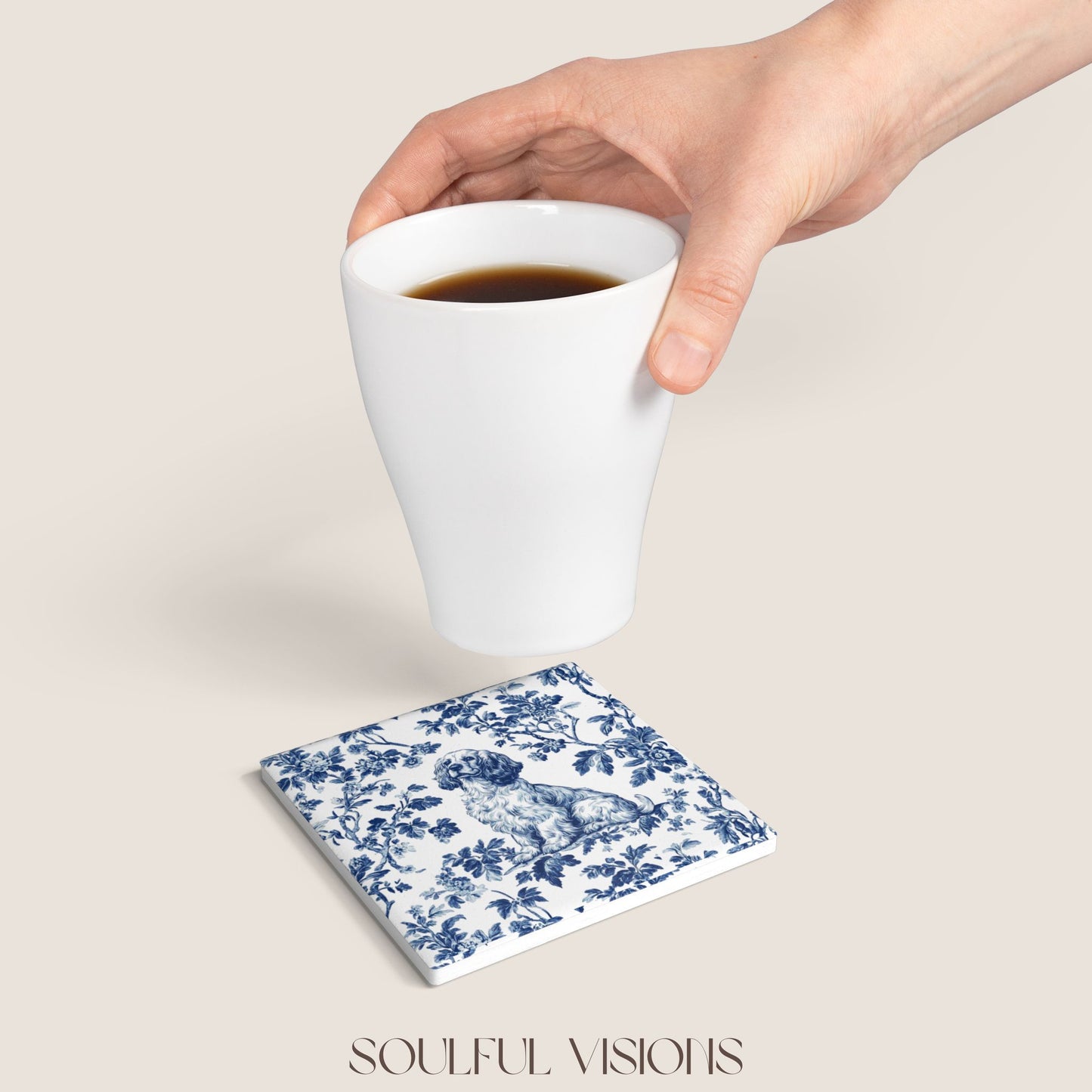 Cocker Spaniel Ceramic Coaster French Blue Toile