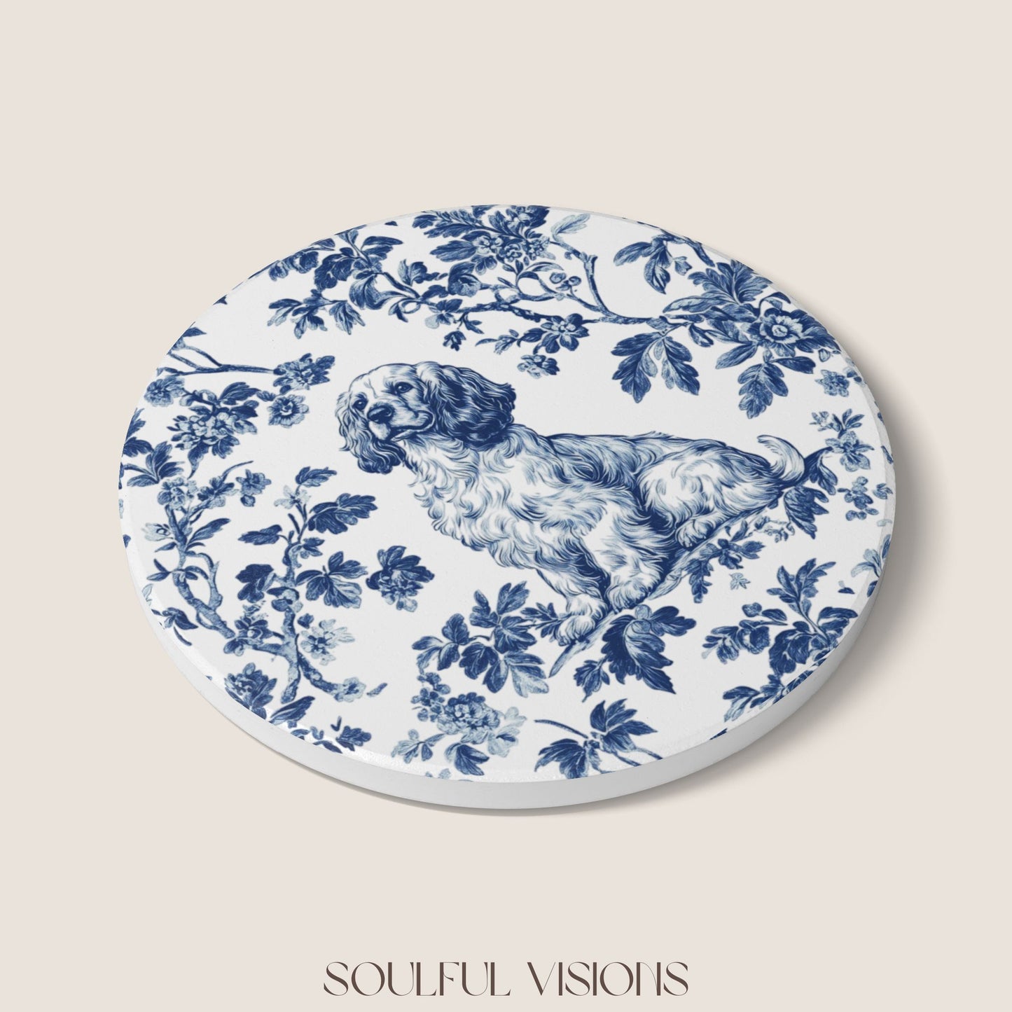 Cocker Spaniel Ceramic Coaster French Blue Toile