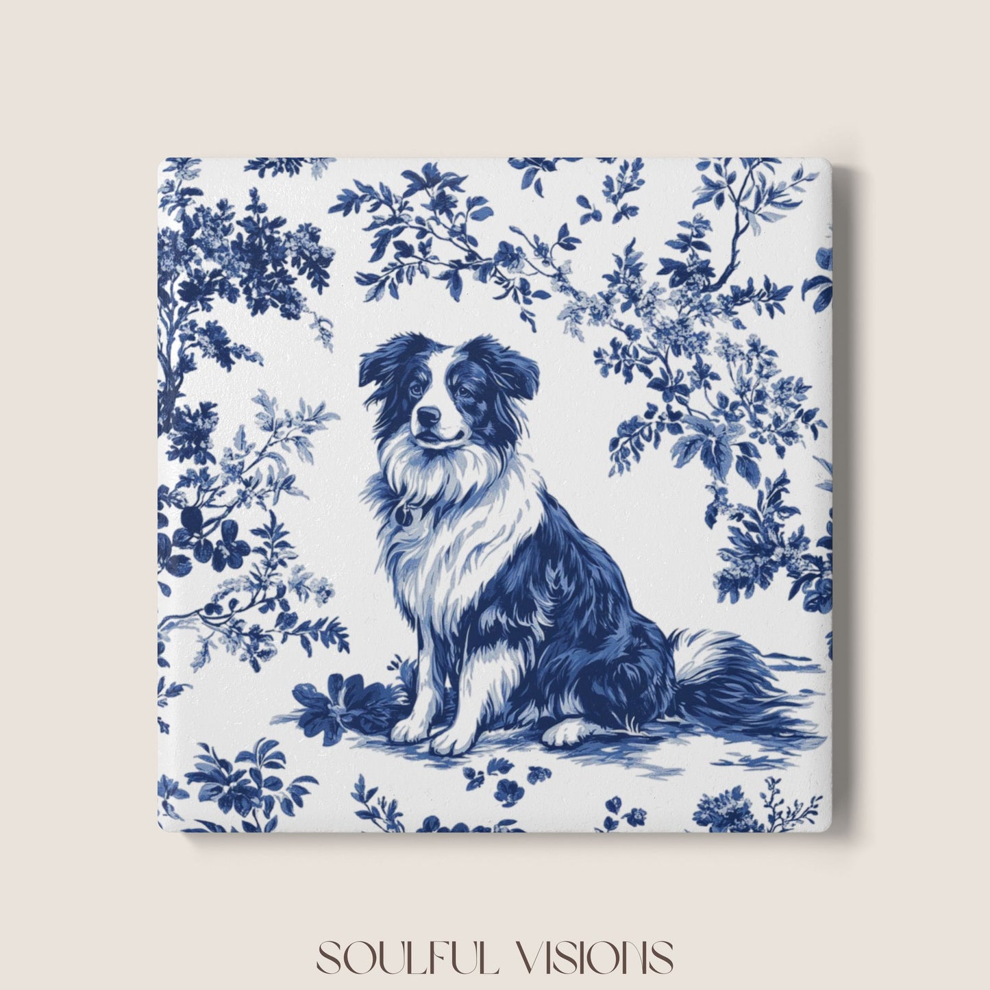 Australian Shepherd Ceramic Coaster French Blue Toile