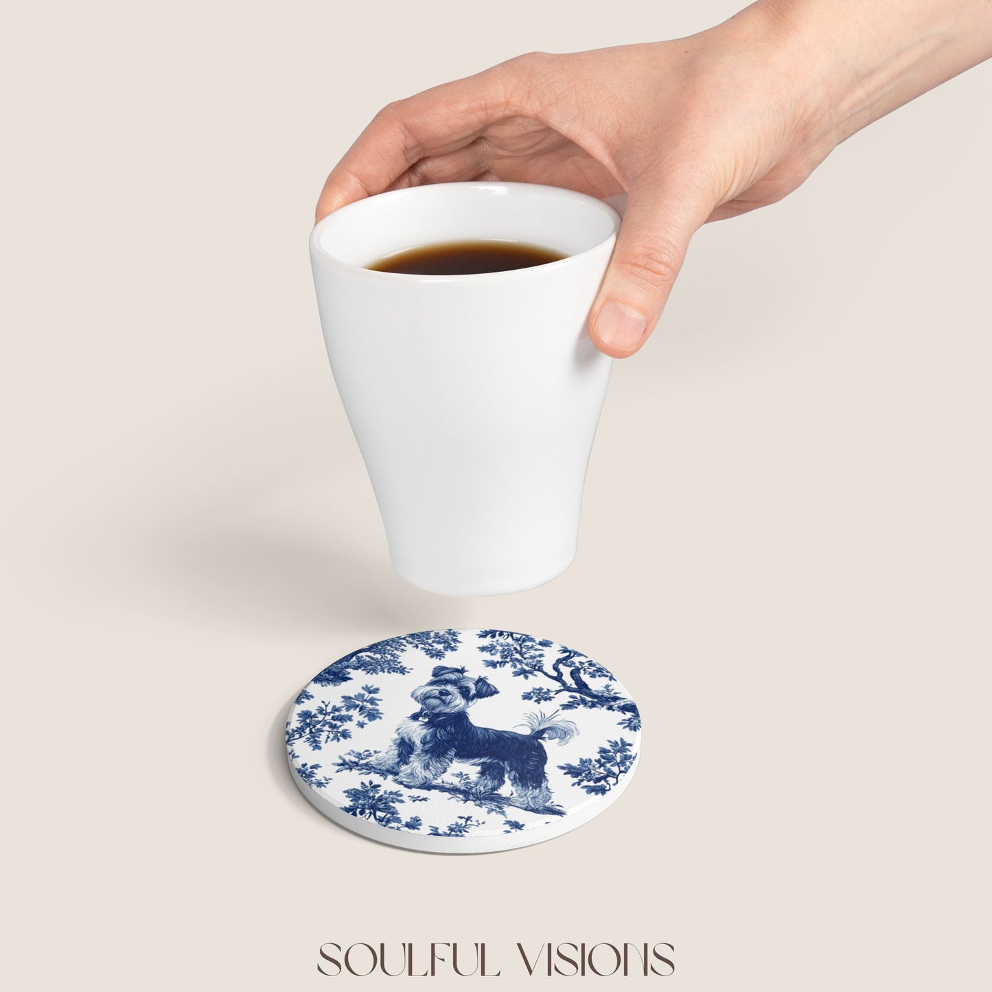 Miniature Schnauzer French Blue Toile Ceramic Coaster