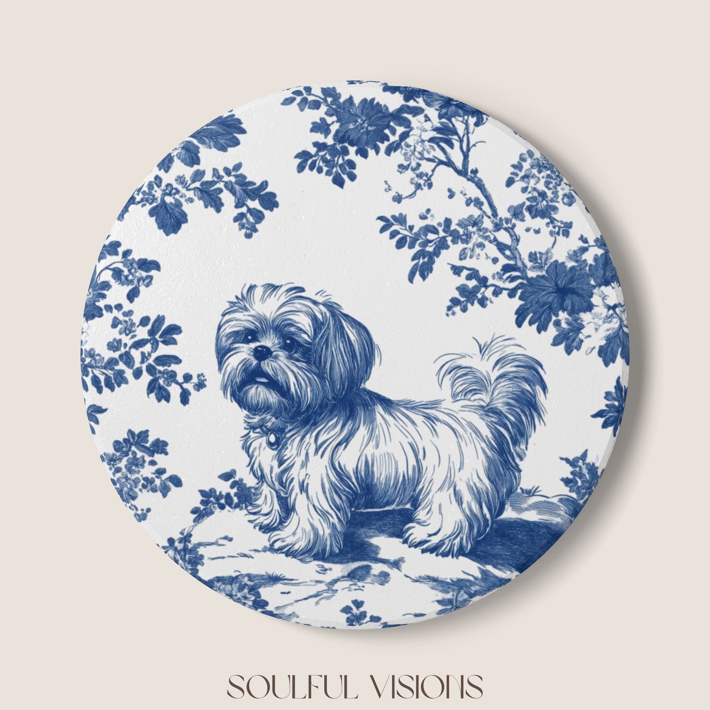 Shih Tzu Ceramic Coaster French Blue Toile
