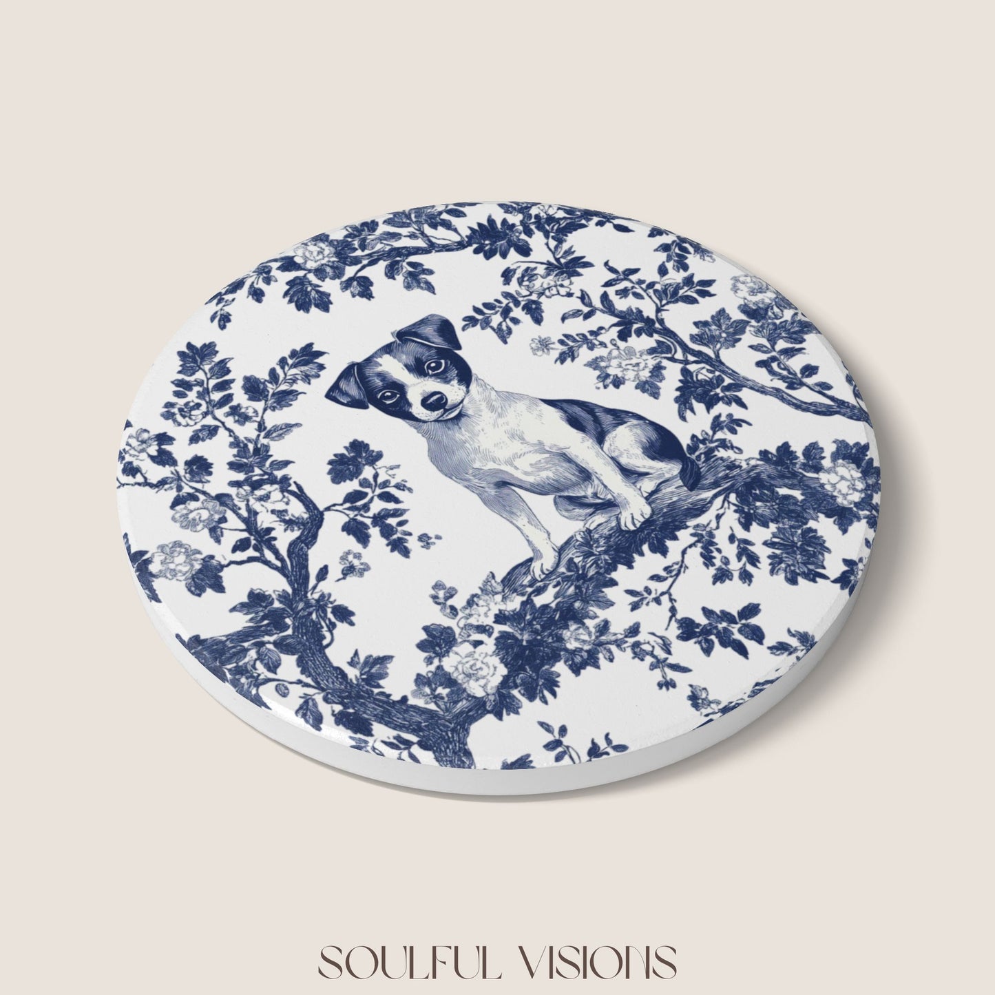 Jack Russell Ceramic Coaster French Blue Toile