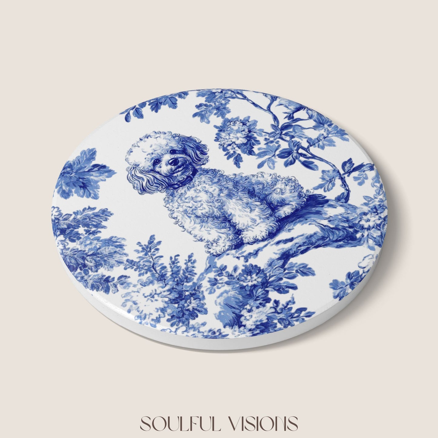 Mini Poodle French Blue Toile Ceramic Coaster