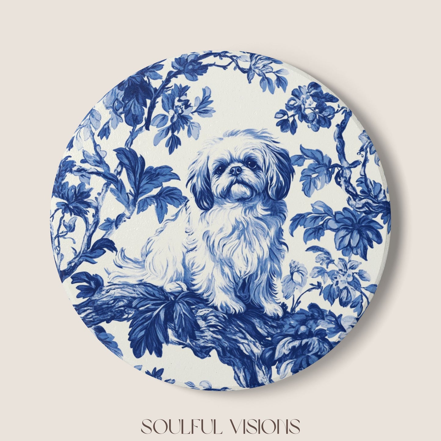 Pekingese French Blue Toile Ceramic Coaster