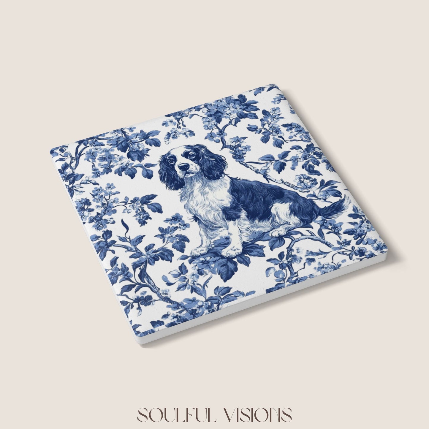 English Springer Spaniel Ceramic Coaster French Toile