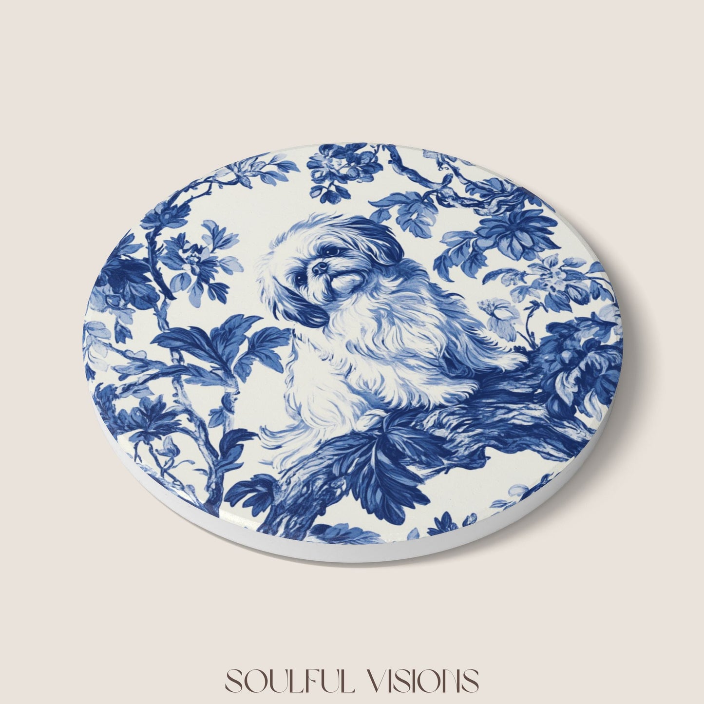 Pekingese French Blue Toile Ceramic Coaster