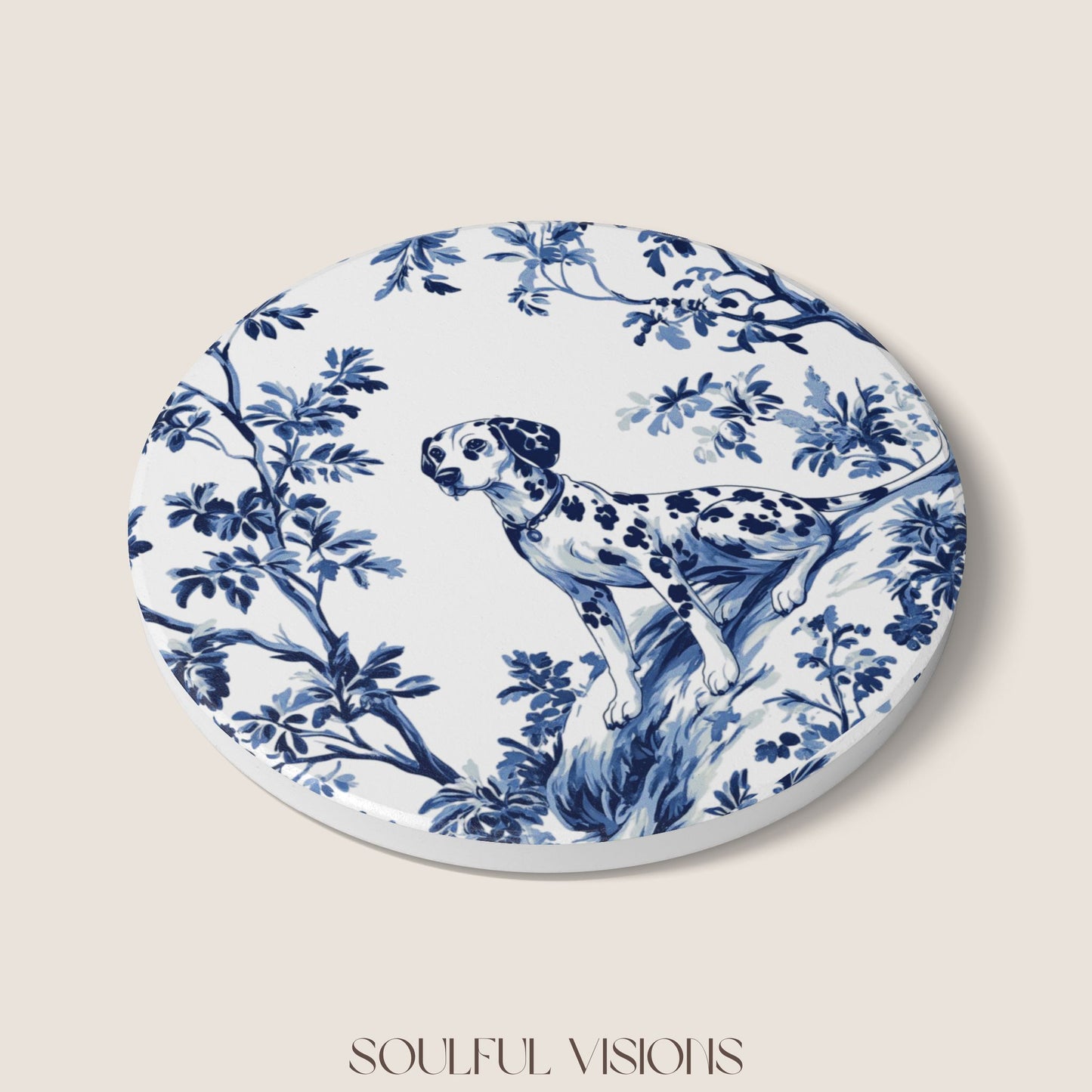 Dalmatian French Blue Toile Ceramic Coaster