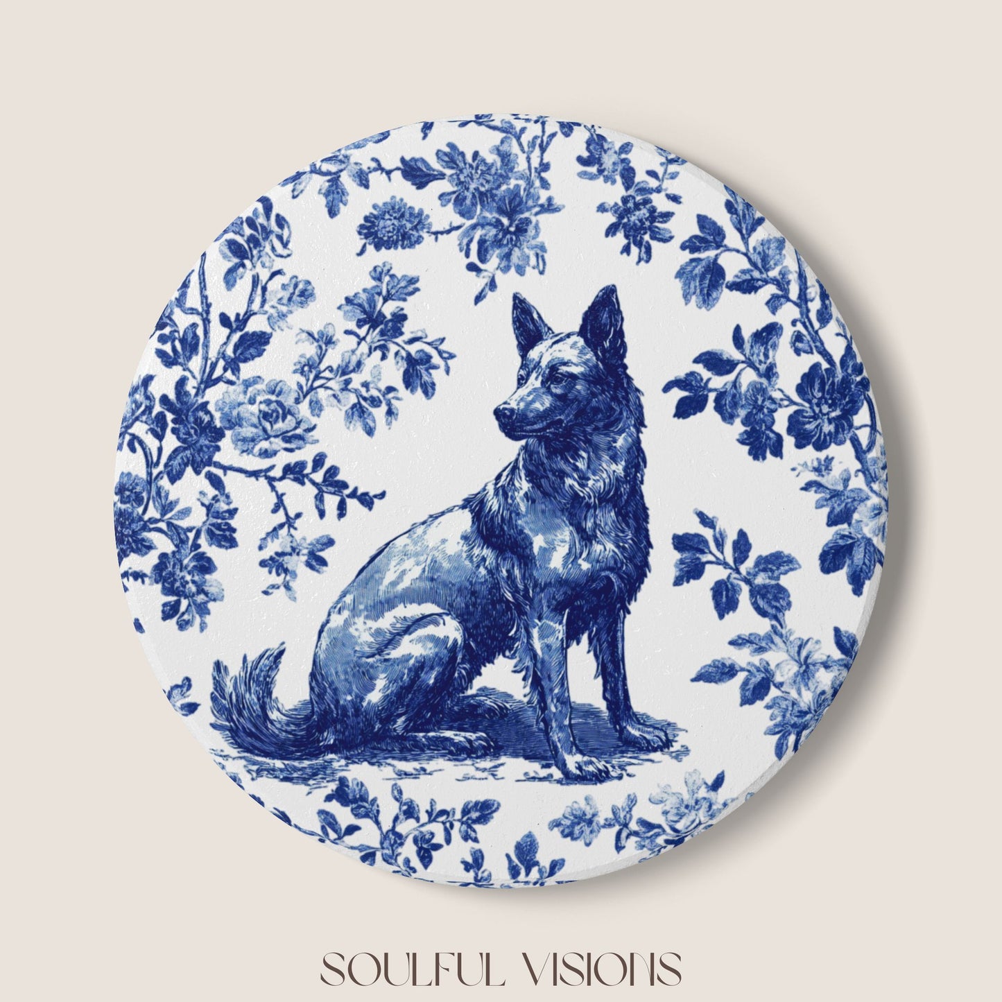 Belgian Malinois Ceramic Coaster French Blue Toile