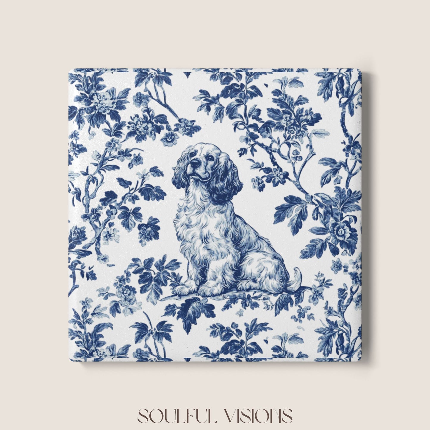 Cocker Spaniel Ceramic Coaster French Blue Toile