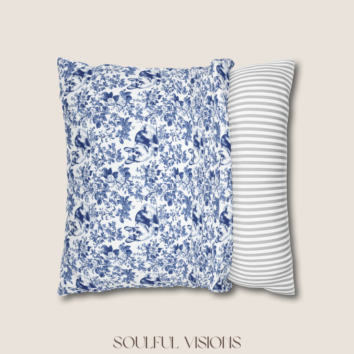 Corgi French Blue Toile De Jouy Pillow