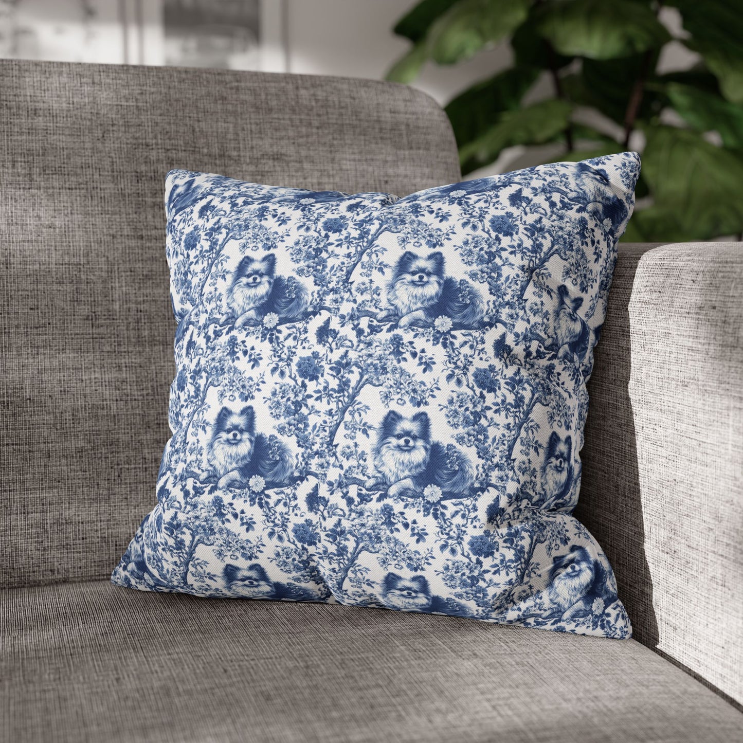 Pomeranian Blue French Toile De Jouy Pillow