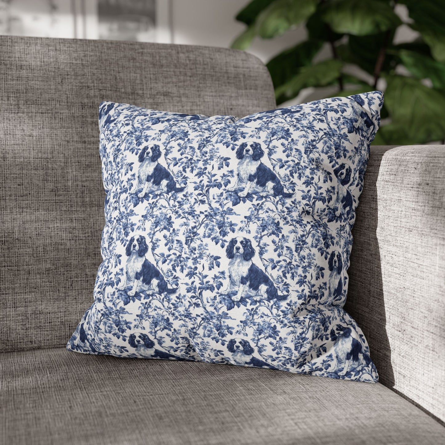 English Springer Spaniel French Blue Toile De Jouy Pillow