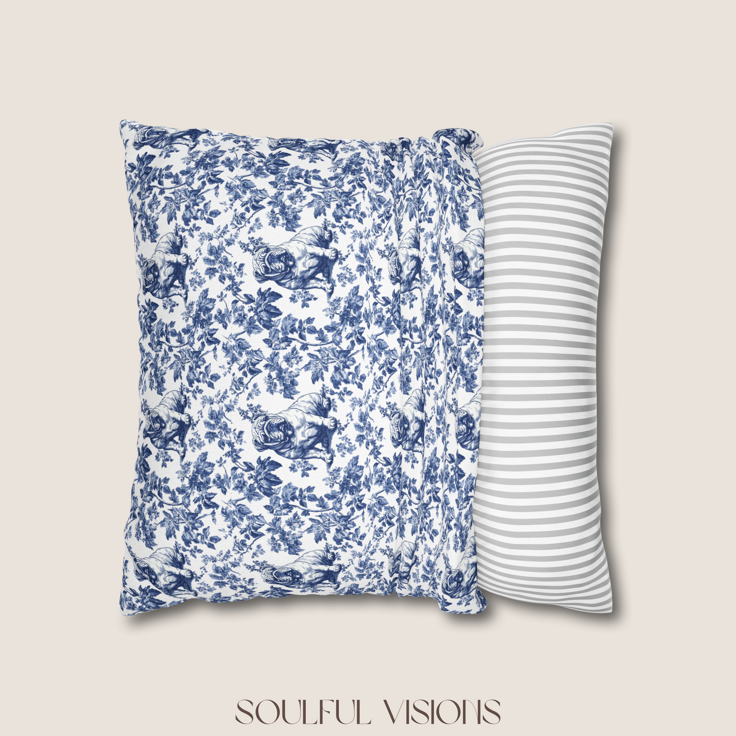 English Bulldog Blue French Toile Pillow